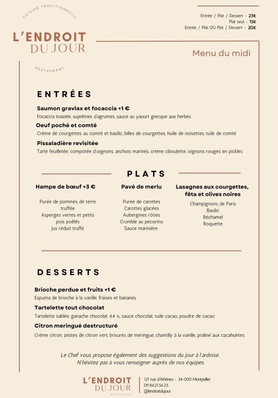 Carte & Menus - L'endroit du Jour - Restaurant Montpellier - Resto Montpellier