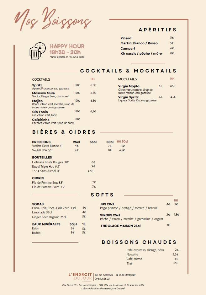 Carte & Menus - L'endroit du Jour - Restaurant Montpellier - Resto Montpellier