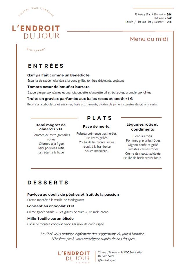 Carte & Menus - L'endroit du Jour - Restaurant Montpellier - Resto Montpellier