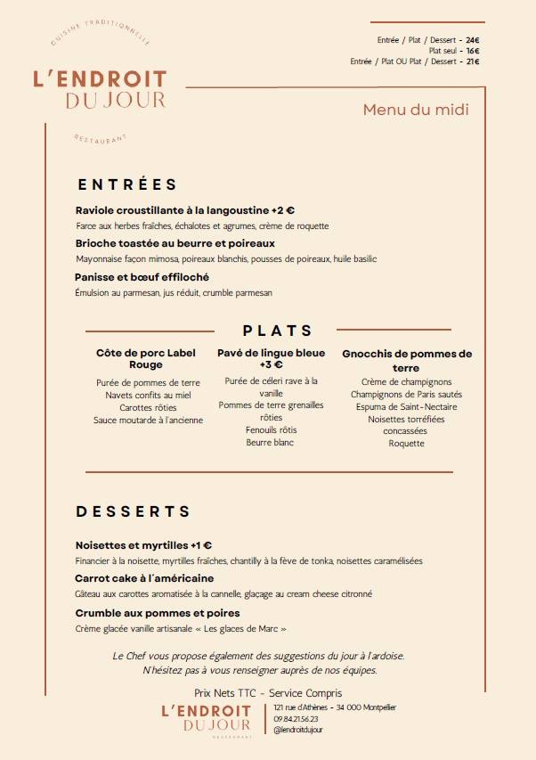 Carte & Menus - L'endroit du Jour - Restaurant Montpellier - Resto Montpellier