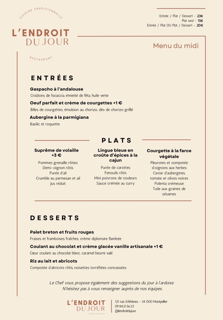 Carte & Menus - L'endroit du Jour - Restaurant Montpellier - Resto Montpellier
