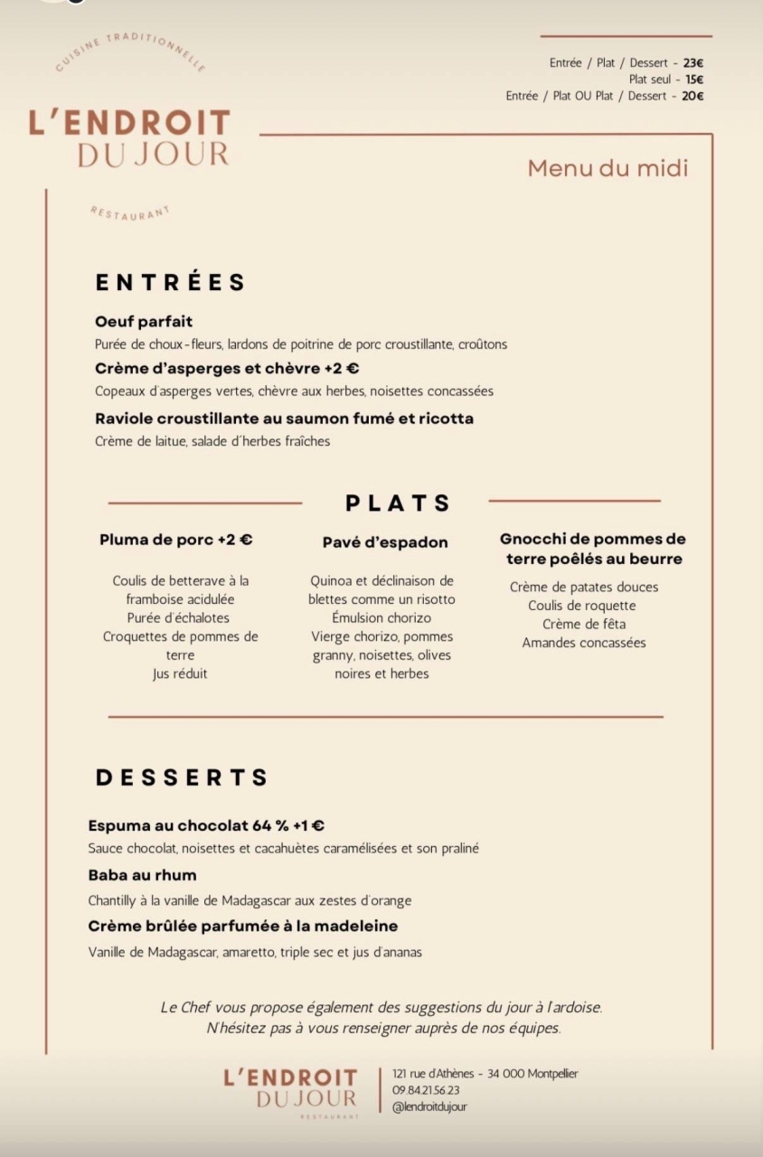 Carte & Menus - L'endroit du Jour - Restaurant Montpellier - Resto Montpellier