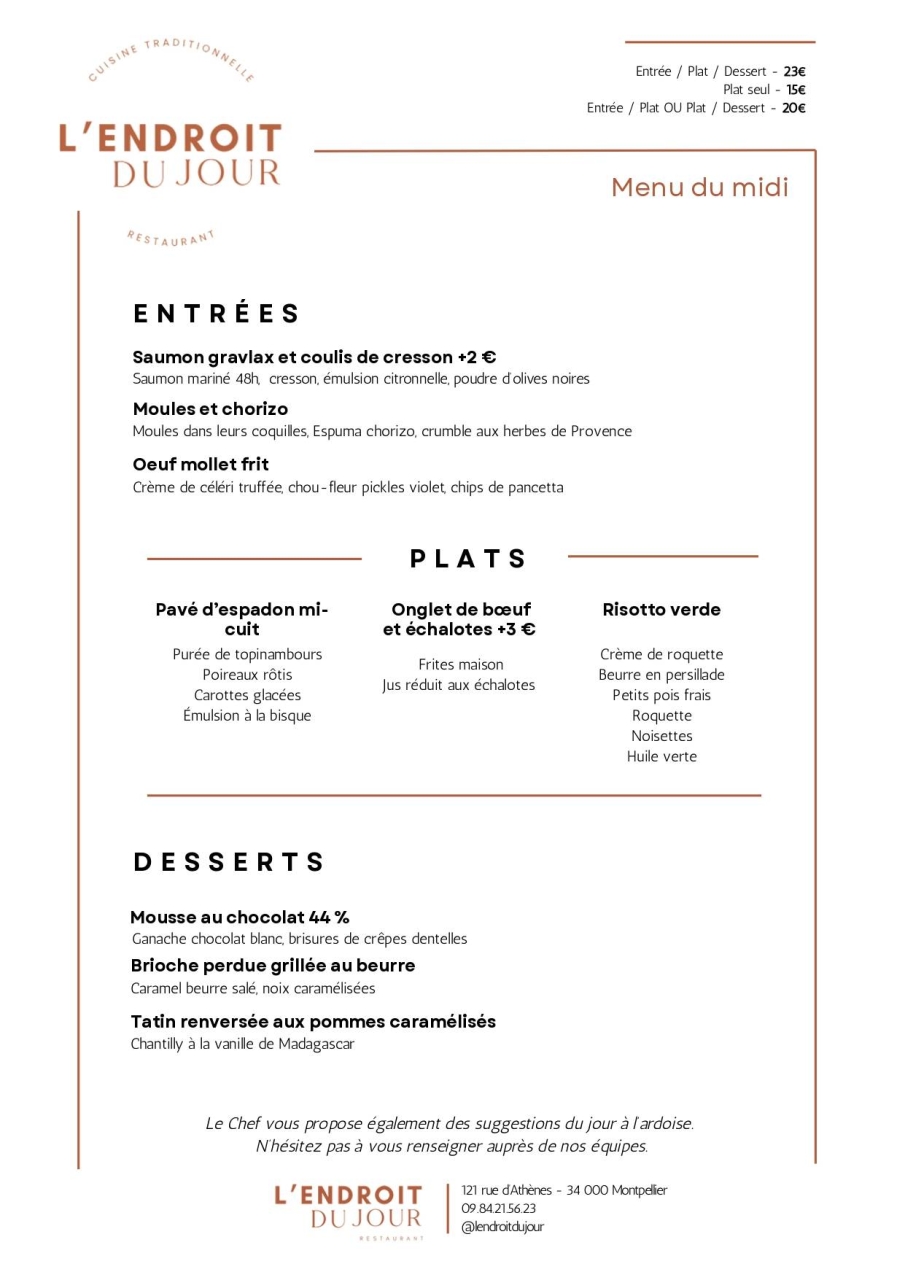 Carte & Menus - L'endroit du Jour - Restaurant Montpellier - Resto Montpellier